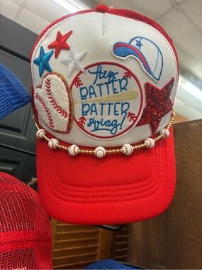 Red Women’s Baseball Patch Trucker Hat with Beaded Trim